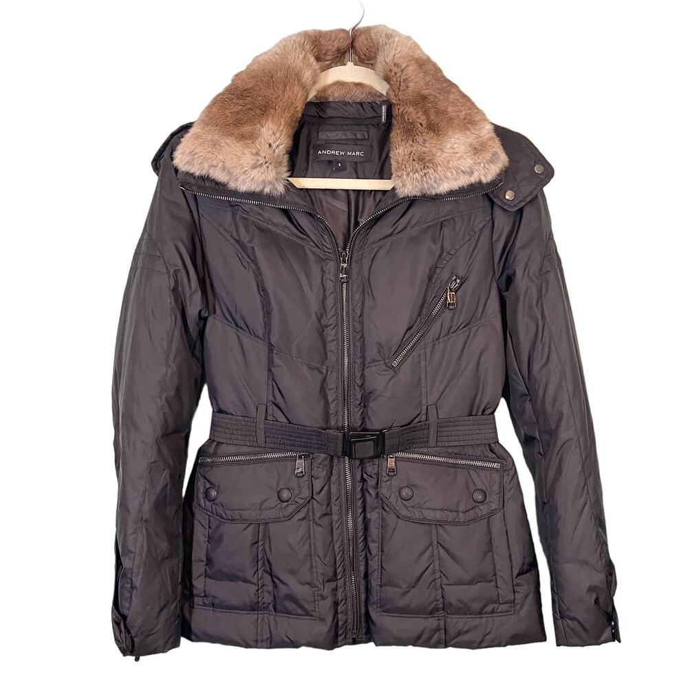 Andrew Marc Down Fur Collar Belted Jacket Small Black Winter Outdoor Insulated